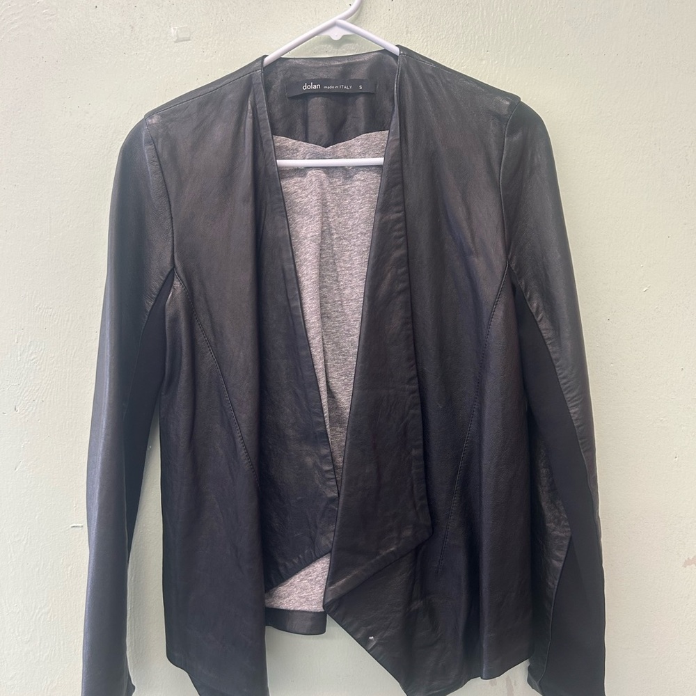 dolan Black Draped Leather Open-Front Jacket